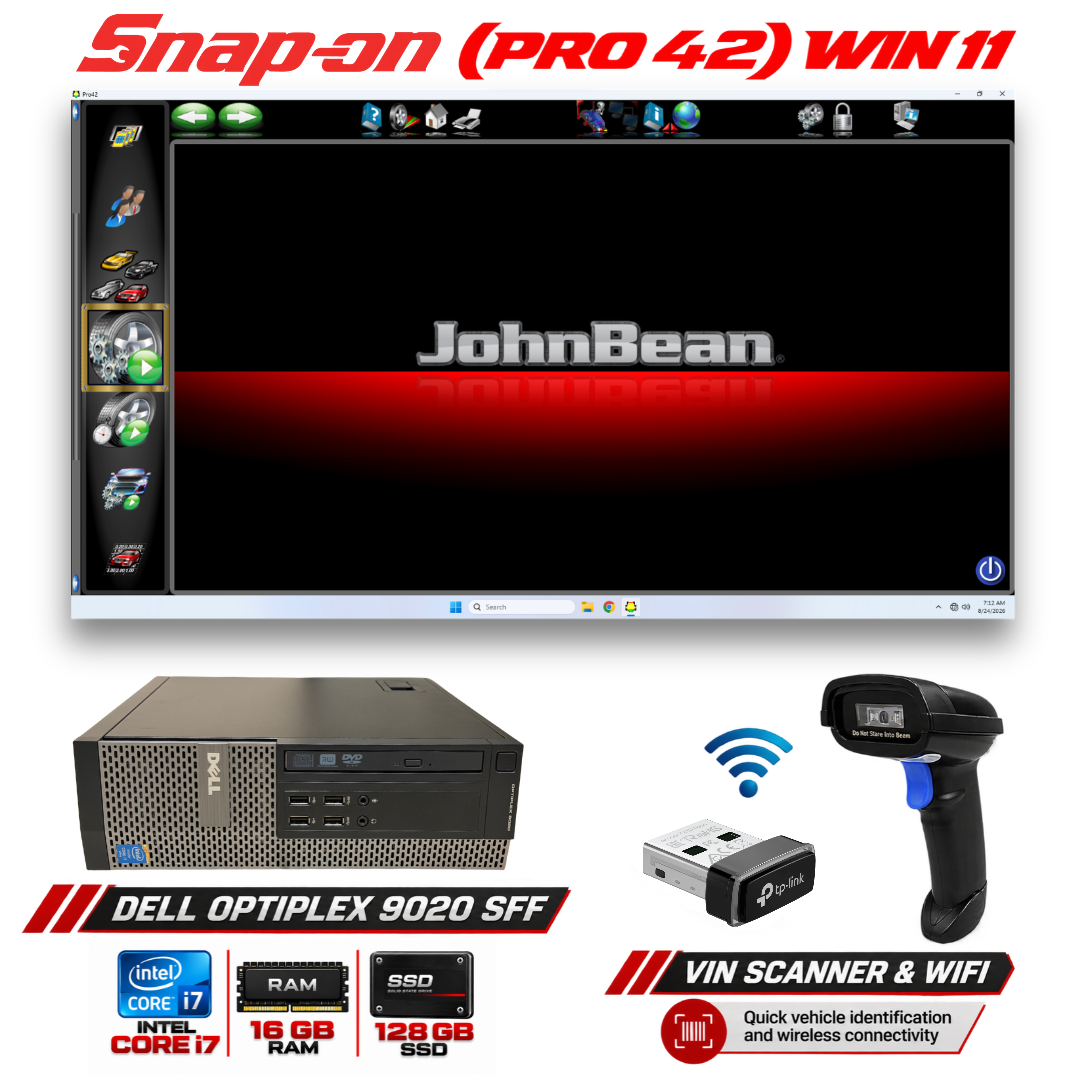 Pro42 PC bundle: Dell OptiPlex 9020 SFF running John Bean Pro42 on Windows 11, with handheld VIN barcode scanner