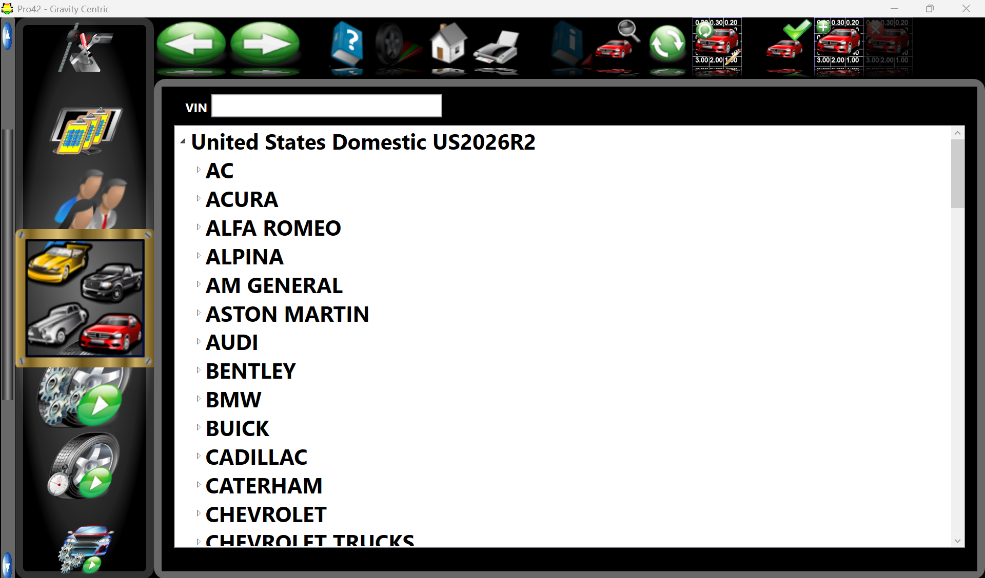 Pro42 2026 R2 vehicle database showing comprehensive list of US and international car manufacturers